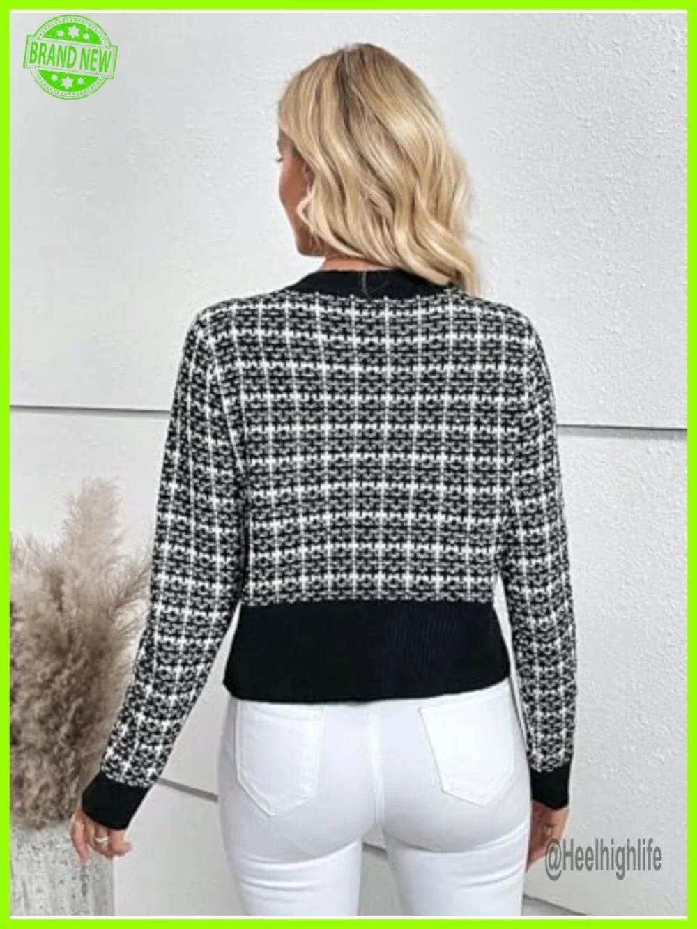 Tweed Plaid Cardigan Blazer Button Front Long Sleeve Knit Jacket